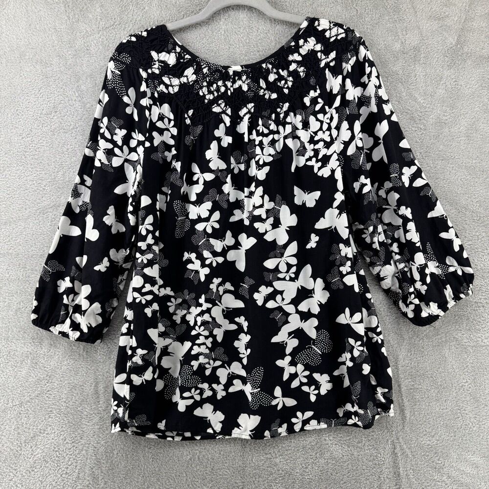 Talbots Top Womens L Black Butterfly Smocked Scoop Neck 3/4 Sleeves Elastic Cuff - Picture 8 of 15